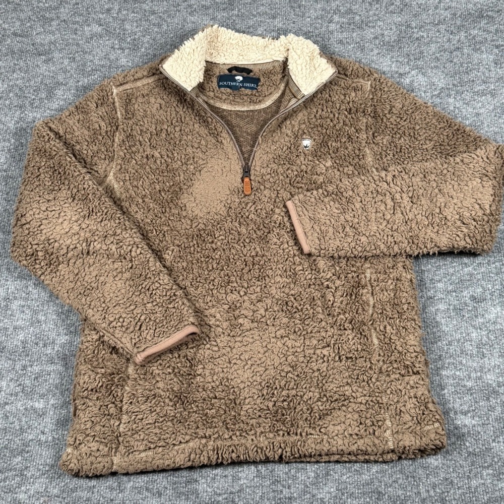 Sherpa Quarter Zip Fleece Pullover Small Brown Pockets Fall Winterwear Cabincore